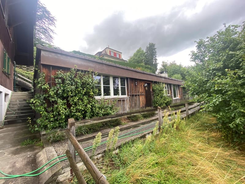 A rustic wooden house with a sloped roof, surrounded by greenery and a wooden fence. The house has multiple windows and a small porch area.