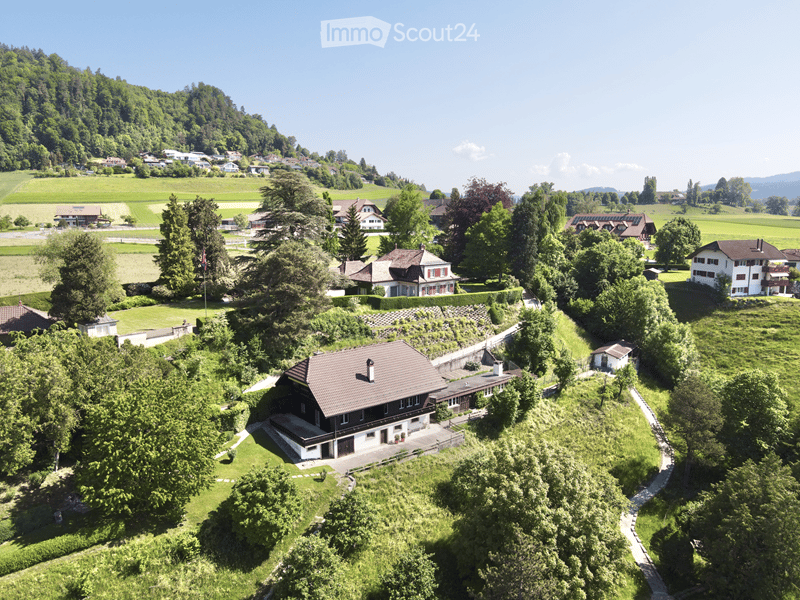 Aerial view of a residential area with multiple houses surrounded by lush green trees and fields, with a mountainous backdrop.