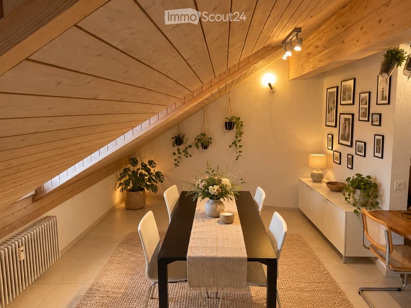 Modern dining area with a sleek black dining table, white chairs, a sideboard with a lamp, and several potted plants. The room features wooden beams on the ceiling and a warm, inviting ambiance.