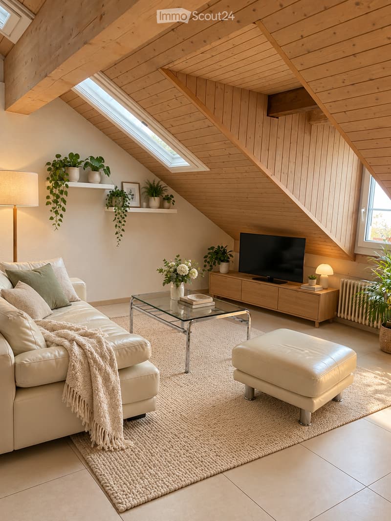 Modern living room with a slanted wooden ceiling, skylight windows, and natural light. Features a white leather sofa, ottoman, glass coffee table, TV stand, side table, floor lamp, table lamp, and decorative plants.