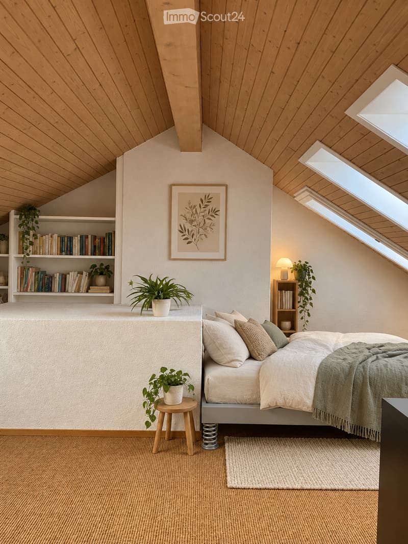 Cozy attic bedroom with slanted wooden ceilings, skylights, a bed with pillows and a blanket, a small wooden stool with a potted plant, built-in bookshelf, and a table lamp.