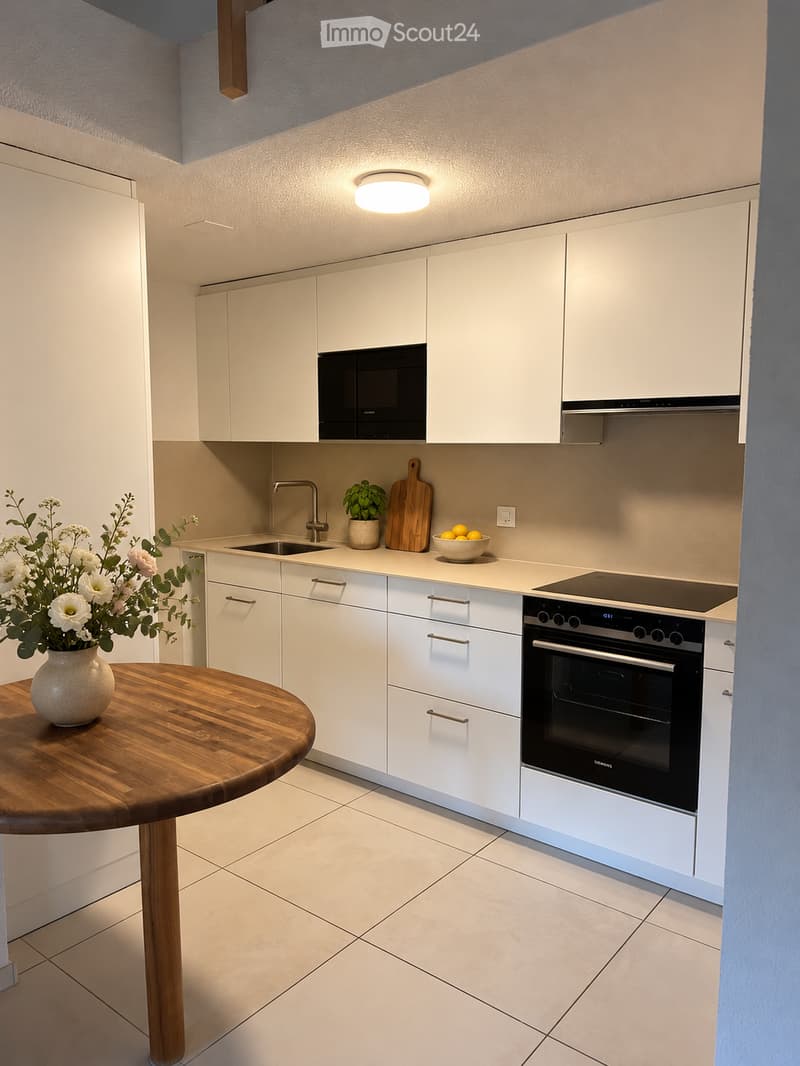 Modern kitchen with white cabinets, stainless steel appliances, a wooden round table with a vase of flowers, and a small potted plant on the counter.