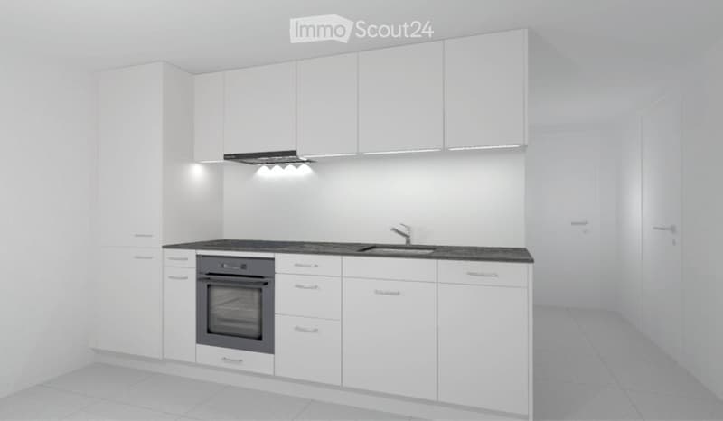 Modern kitchen with white cabinets, black countertop, sink, faucet, and built-in oven.