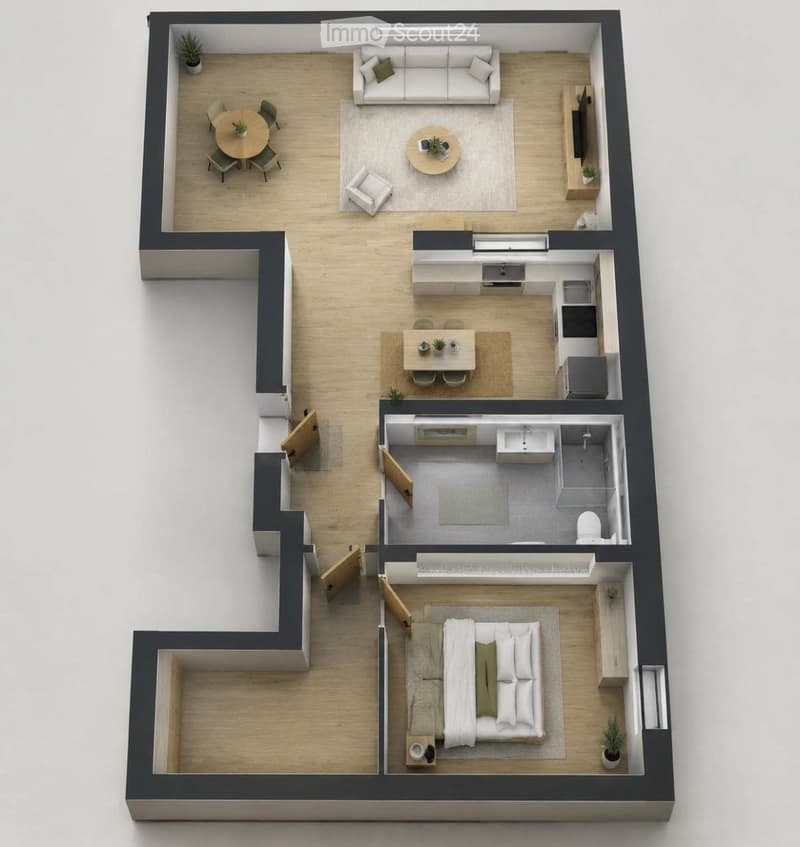 Layout of a modern apartment featuring a living room, dining area, kitchen, bedroom, and bathroom. Includes a sofa, dining table, kitchen cabinets, and a bed.