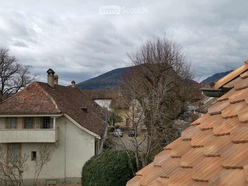 Residential buildings with tiled roofs, one with a balcony, mountains in the background