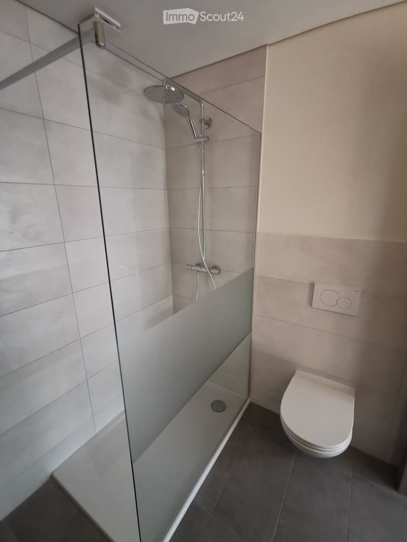 modern glass walk-in shower, white toilet, white walls, and grey tile flooring