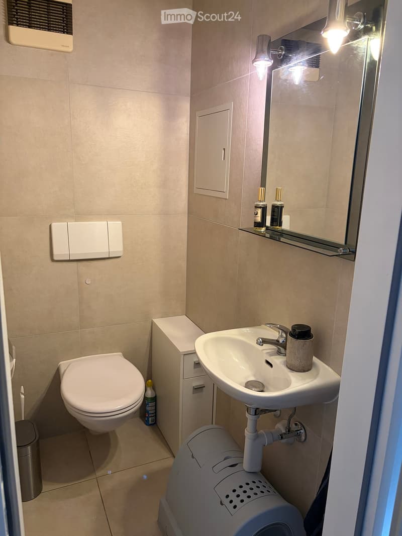 Modern bathroom with a toilet, sink, mirror, and cabinet. Includes a glass shelf with bottles and a trash can.