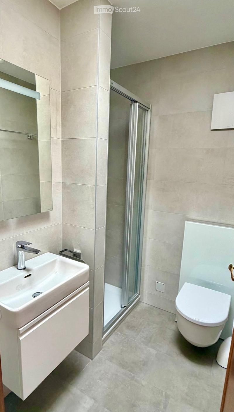 Modern bathroom with a white sink, chrome faucet, mirror, toilet, and glass-enclosed shower.
