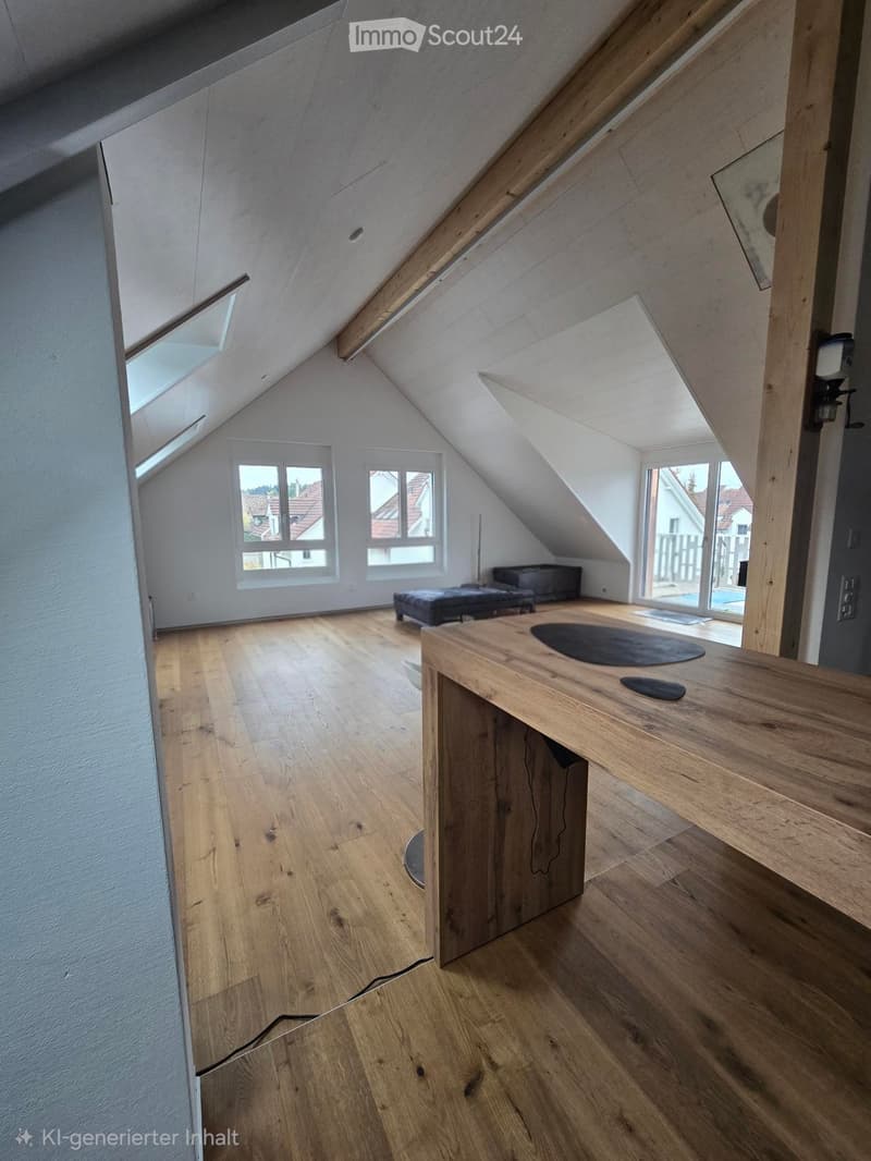 Bright, wooden-floored attic room with slanted ceilings, large windows, and a small table with stools.