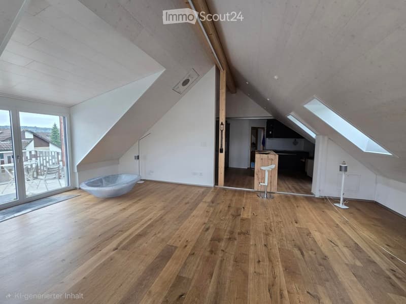 Bright, open attic space with wooden flooring, skylights, and a modern bathtub near the window. A small kitchen area is visible in the background.