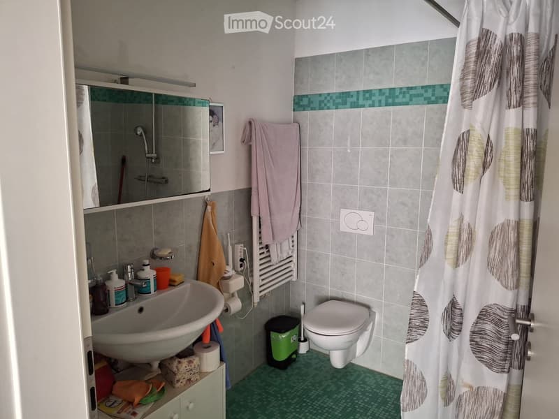 Bathroom with a sink, toilet, mirror, towels, and a shower curtain. The walls are tiled with a mix of grey and green tiles, and there is a radiator and a trash bin visible.