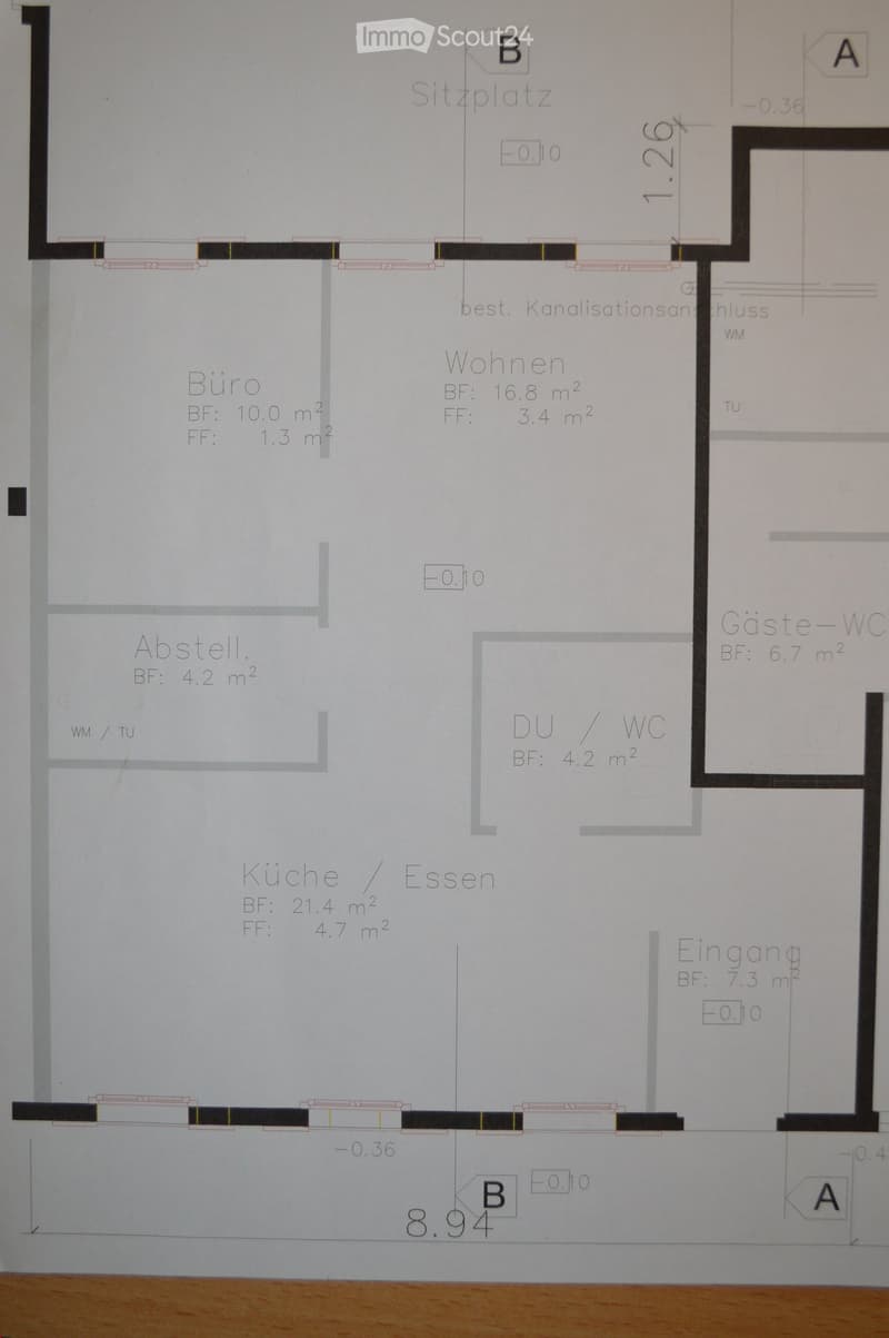 Floor plan showing a layout with labeled rooms including a kitchen/dining area, living room, office, storage, bathroom, and entrance.