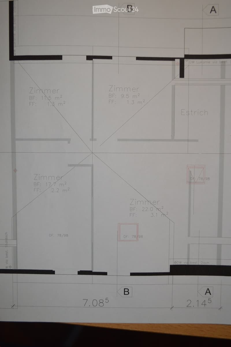 Floor plan showing four rooms labeled "Zimmer" with dimensions in square meters, including base floor (BF) and floor floor (FF) areas.