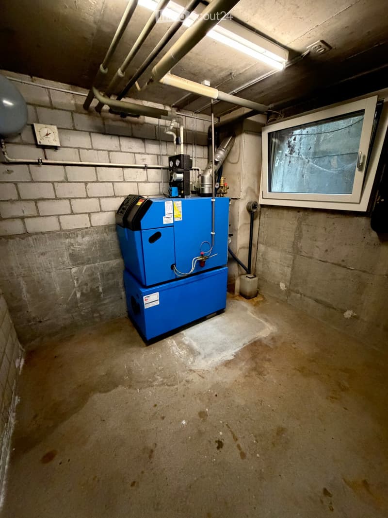 Utility room with exposed brick walls, concrete floor, blue water heater, pipes, and a small window.