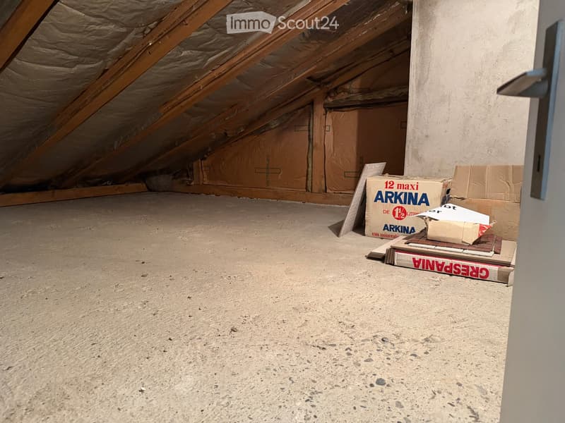 Empty attic space with exposed wooden beams, insulation, and several cardboard boxes stacked against the wall.