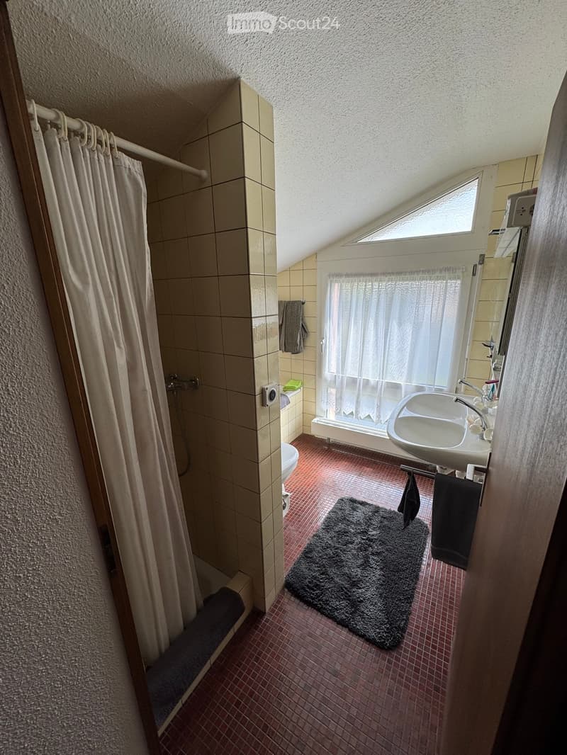 Bathroom with a sink, toilet, bathtub, shower curtain, and a small rug on the floor.