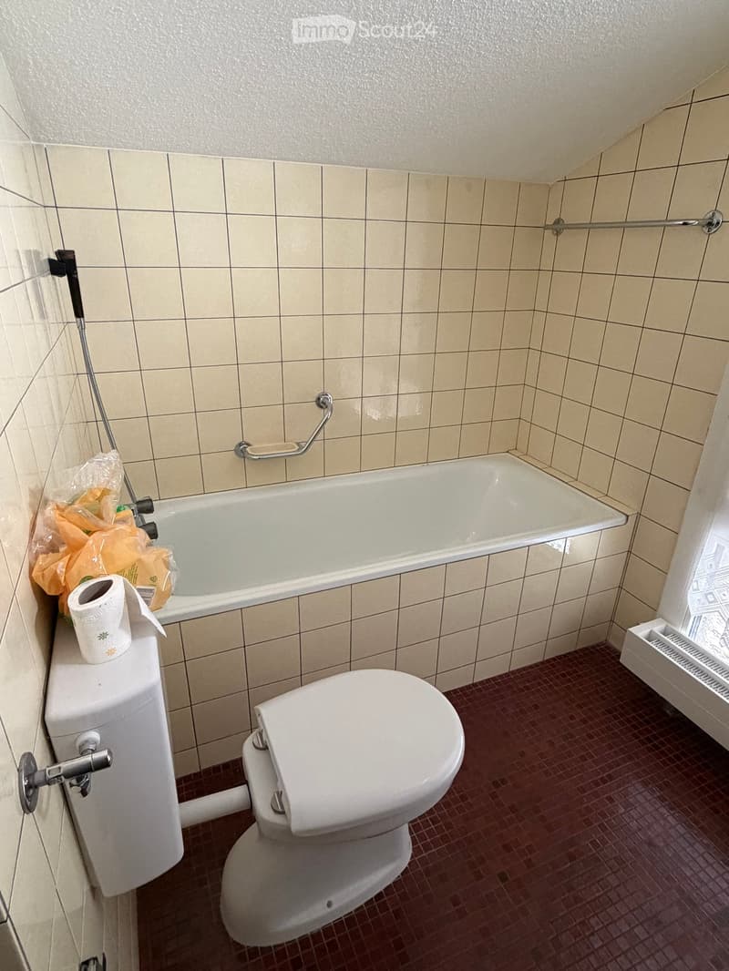 Bathroom with a bathtub, toilet, toilet paper, and handrail. Beige tiled walls and red tiled floor.