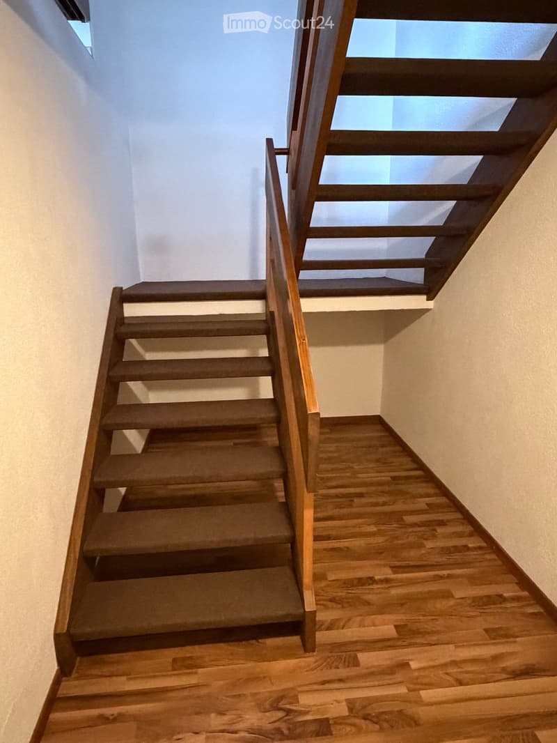 Wooden staircase with carpeted steps and a wooden handrail, leading to an upper level with skylight windows.