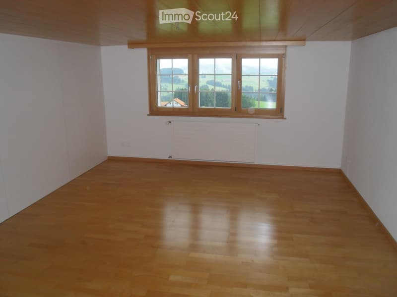 Empty room with wooden flooring, white walls, large window with wooden frame, radiator below the window, and visible electrical outlets.