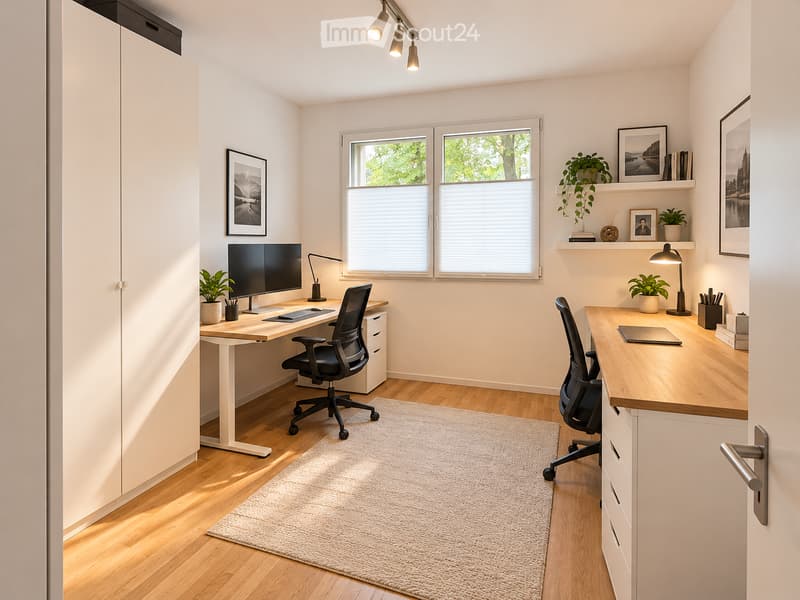 Modern, well-lit home office with two desks, ergonomic chairs, a laptop, a monitor, keyboard, mouse, lamps, plants, shelves with picture frames, and a soft area rug.