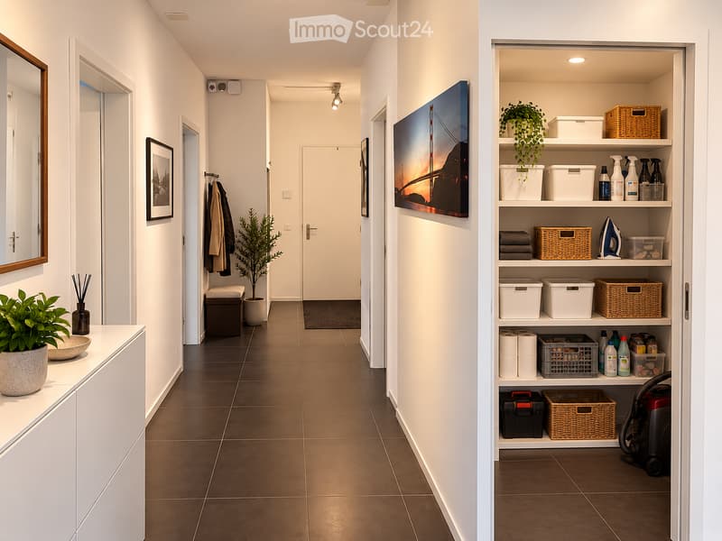 Modern hallway with tiled floor, white walls, built-in storage unit, artwork, and decorative plants.