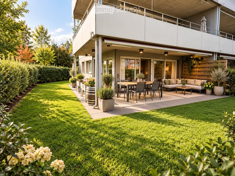Well-maintained garden with a modern outdoor seating area featuring a sofa, coffee table, dining table, and chairs. The space includes a grassy lawn, potted plants, and a wooden deck.