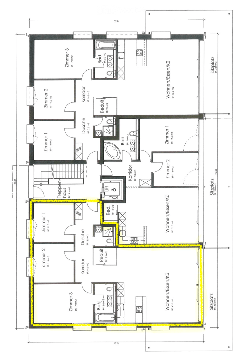 Floor plan of a house with multiple rooms including bedrooms, bathrooms, living areas, and a kitchen. The layout includes a hallway, stairs, and various labeled spaces.