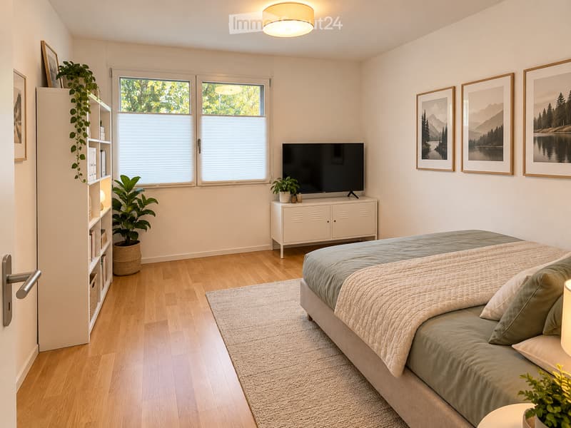Modern bedroom with a large bed, nightstand, lamp, television, cabinet, and plants. The room features large windows with blinds, a shelf with books, and several framed pictures on the wall.