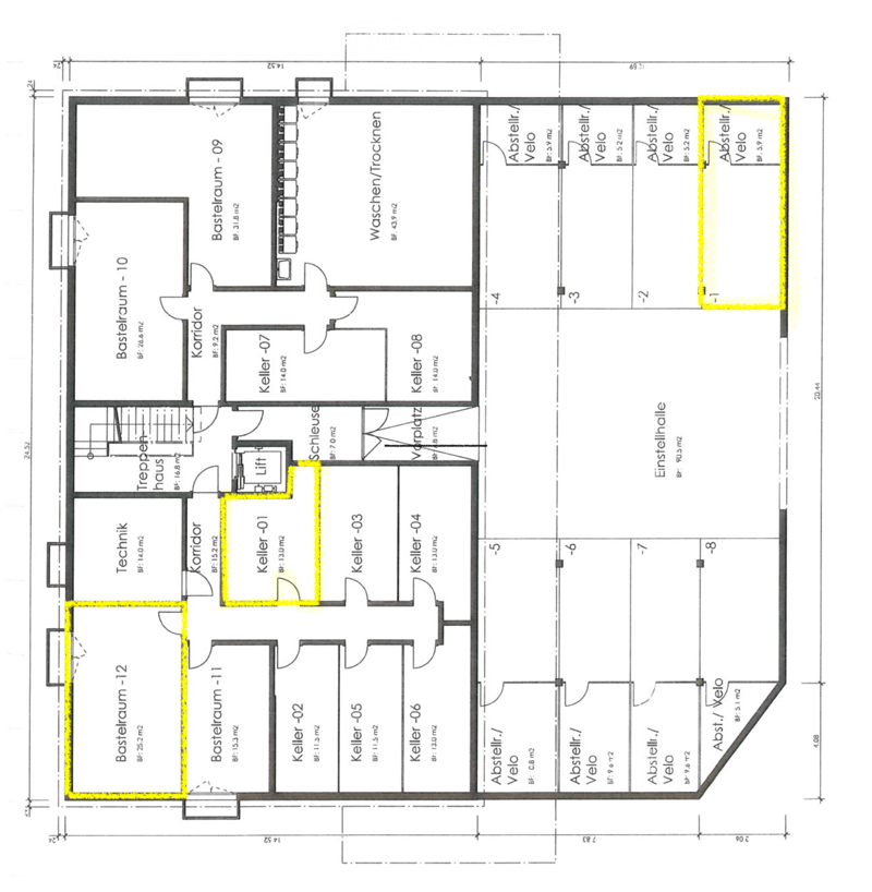 Floor plan showing multiple rooms including basements, storage areas, and technical spaces. Layout includes labeled rooms such as Bastelraum, Keller, and Wasch-/Trockenkombination.