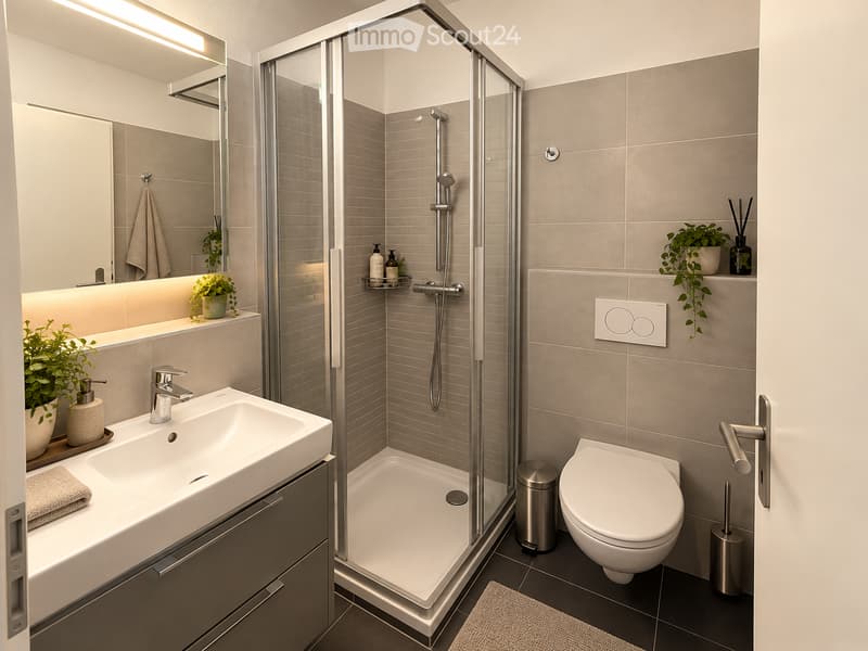 Modern bathroom with a white sink, chrome faucet, large mirror, glass-enclosed shower, toilet, and decorative plants on shelves.
