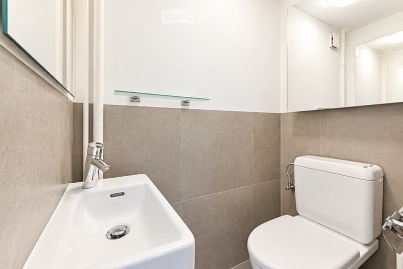 Modern bathroom with a white sink, chrome faucet, toilet, mirrored cabinet, and glass shelf.
