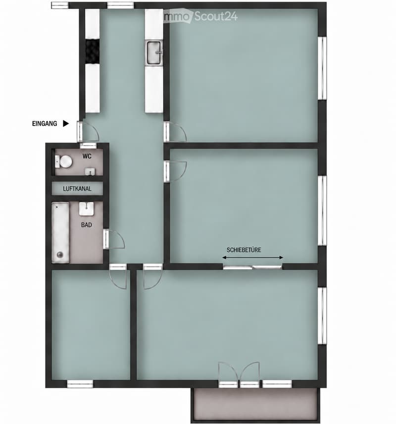 Floor plan of a compact apartment featuring a living area, bedroom, bathroom, and WC. Layout includes an entrance, sliding door, and air duct.