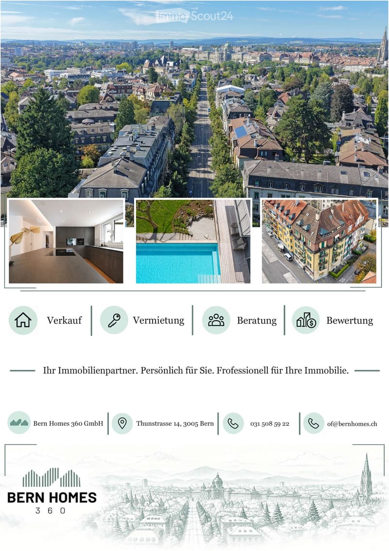 Promotional image for Bern Homes 360 GmbH, featuring a panoramic cityscape, a swimming pool, and a multi-story building with a red-tiled roof. Includes contact information and service icons for sales, rental, consultation, and valuation.