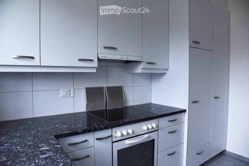 Modern kitchen with white cabinets, granite countertop, built-in stove, oven, and range hood.