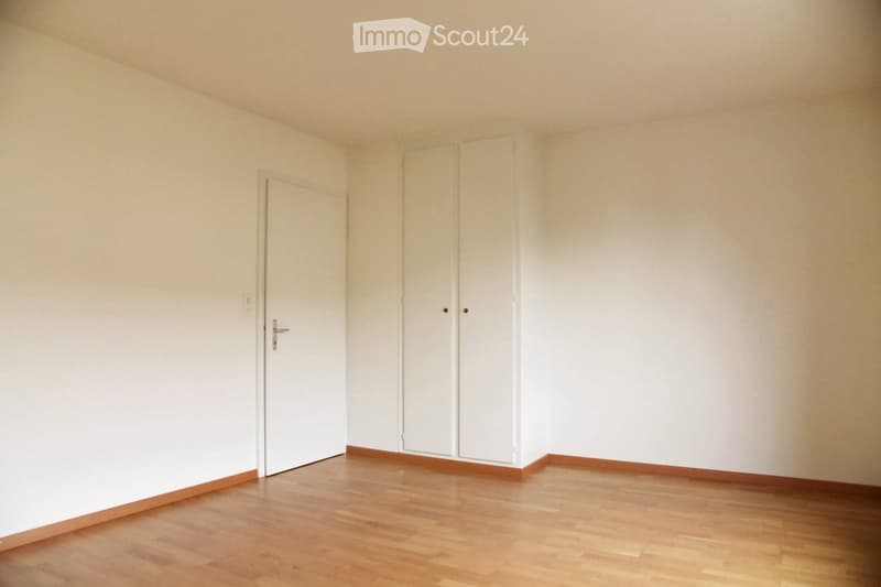 Empty room with light-colored walls, wooden flooring, and a white closet with double doors.