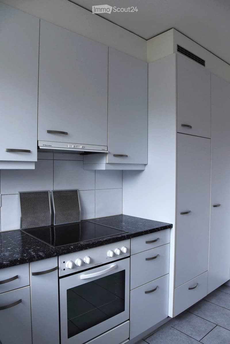 Modern kitchen with white cabinets, black granite countertop, induction stove, and oven.