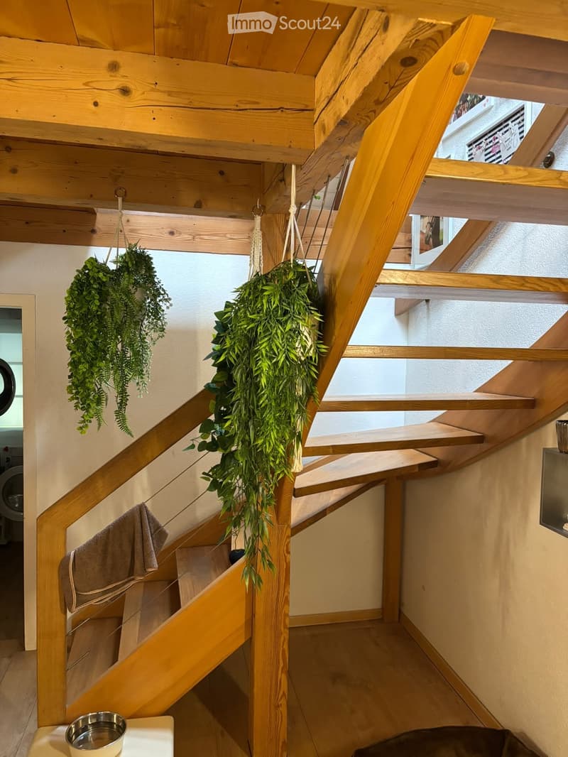 Wooden staircase with hanging plants, a small metal bowl on a white surface, and a folded towel draped over the railing.