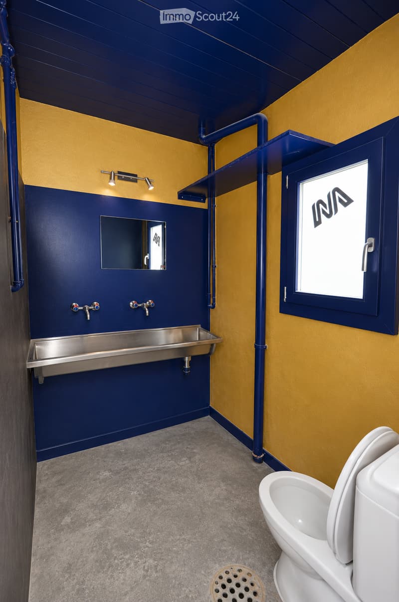 Modern bathroom with blue and yellow walls, a stainless steel sink, a toilet, a mirror, and a window with a blue frame.