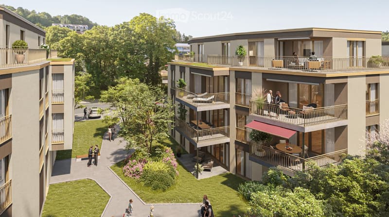 Modern multi-story residential building with balconies, greenery, and a landscaped courtyard.
