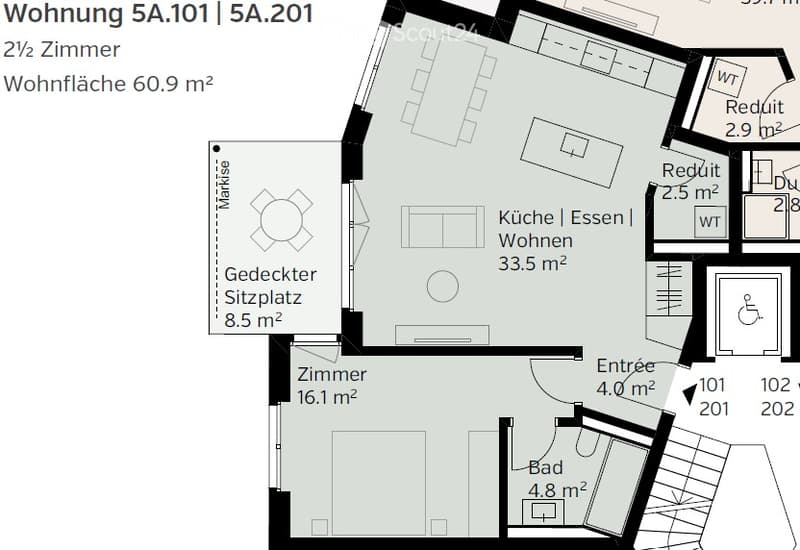 Floor plan of a 2.5-room apartment with a total area of 60.9 m². Layout includes a living/dining/kitchen area (33.5 m²), a bedroom (16.1 m²), a bathroom (4.8 m²), a covered seating area (8.5 m²), and two small storage rooms.