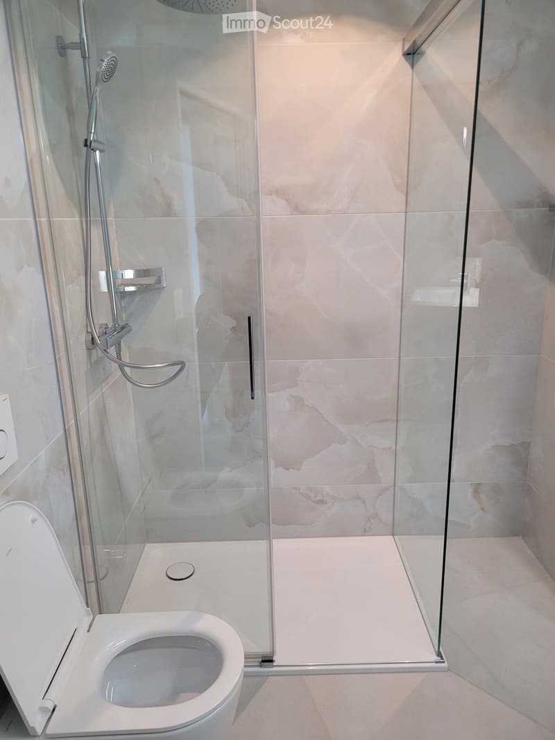Modern bathroom with a white toilet, glass-enclosed shower, and marble tiles.