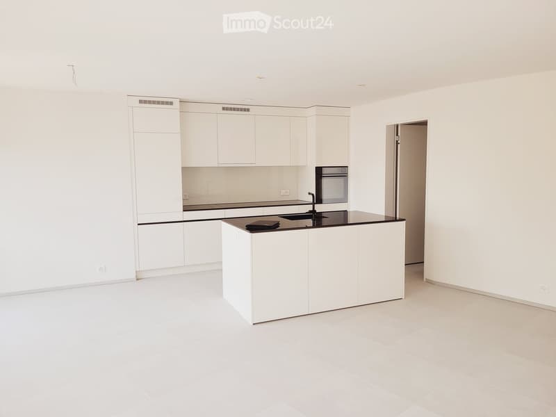 Modern, minimalist kitchen with white cabinetry, a central island, and a built-in oven. The space is clean and uncluttered, featuring sleek, contemporary design elements.