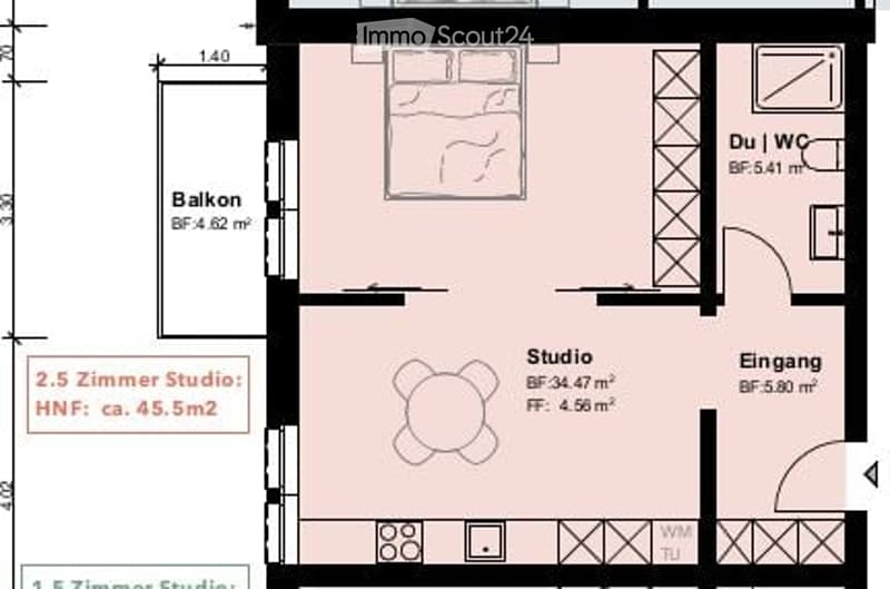 Floor plan of a 2.5-room studio apartment with a balcony, entrance, and separate studio area. Includes dimensions and room labels.