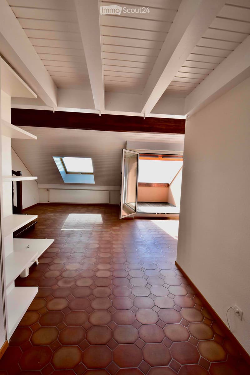 Empty attic space with exposed wooden beams, hexagonal tile floor, skylight window, and open sliding glass door leading to a small outdoor area.