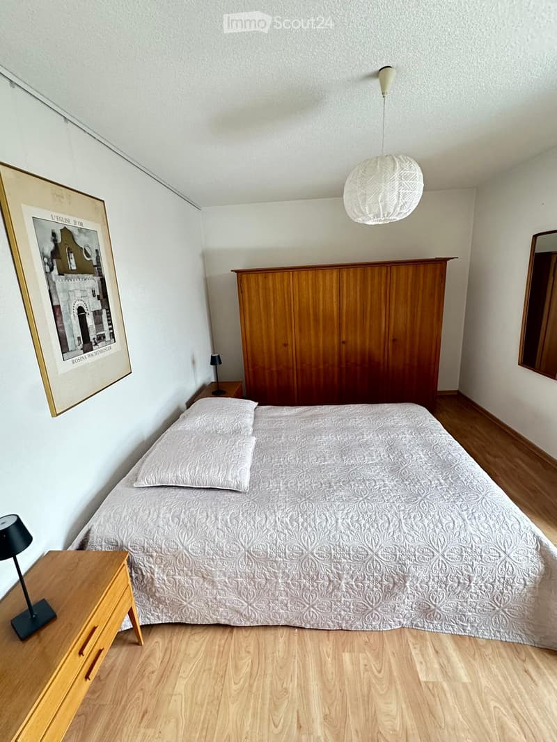 Cozy bedroom with a wooden bed, nightstands, lamps, a large wardrobe, and a framed picture on the wall.