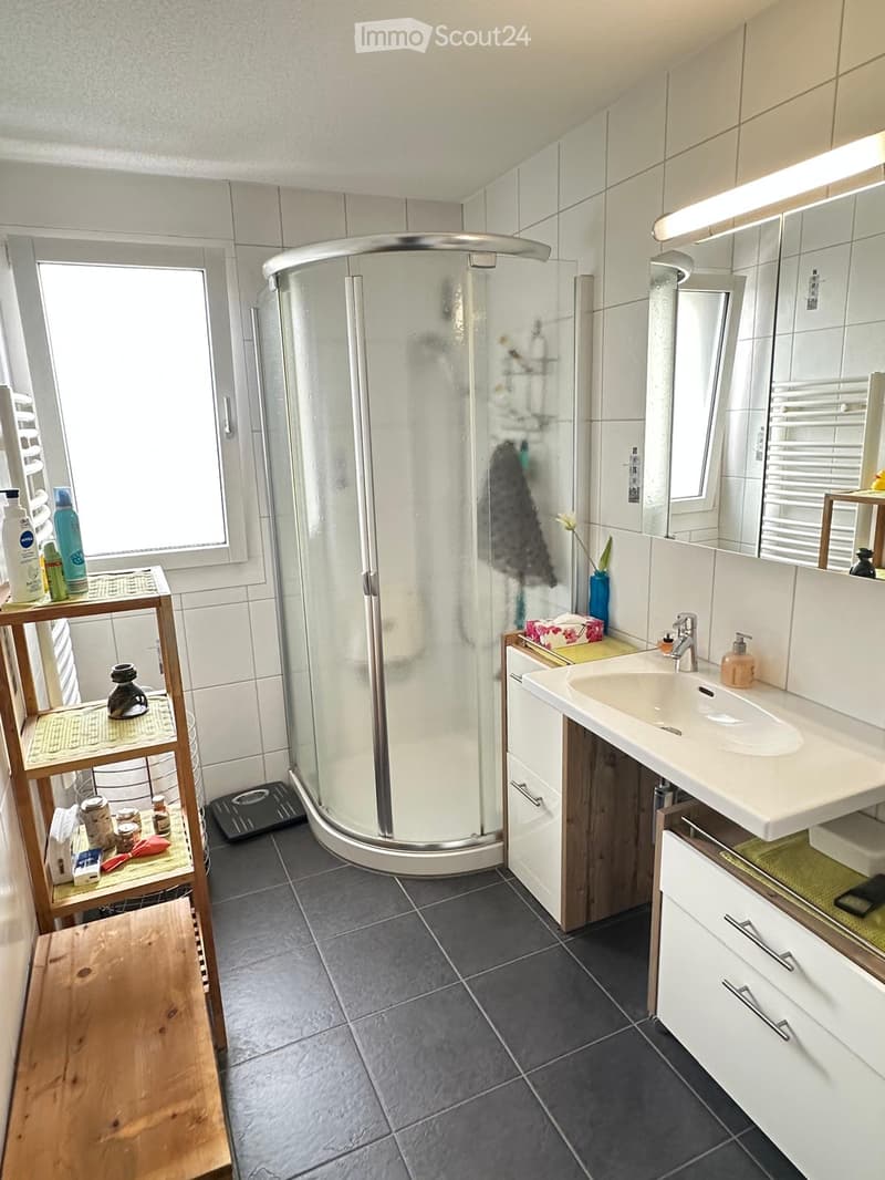 Modern bathroom with a glass-enclosed shower, a white sink with a mirror, and a small wooden shelf holding toiletries and decorative items.