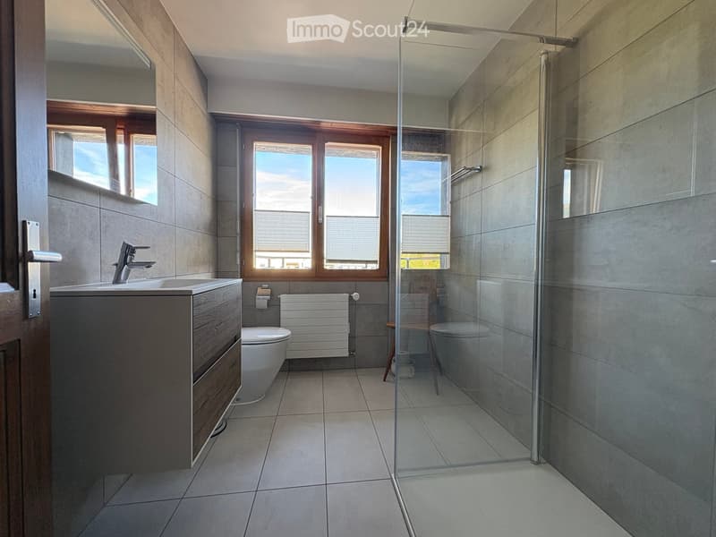 Modern bathroom with a glass-enclosed shower, a sink with a modern faucet, a toilet, and a radiator. The space features large windows with blinds and tiled walls and floors.
