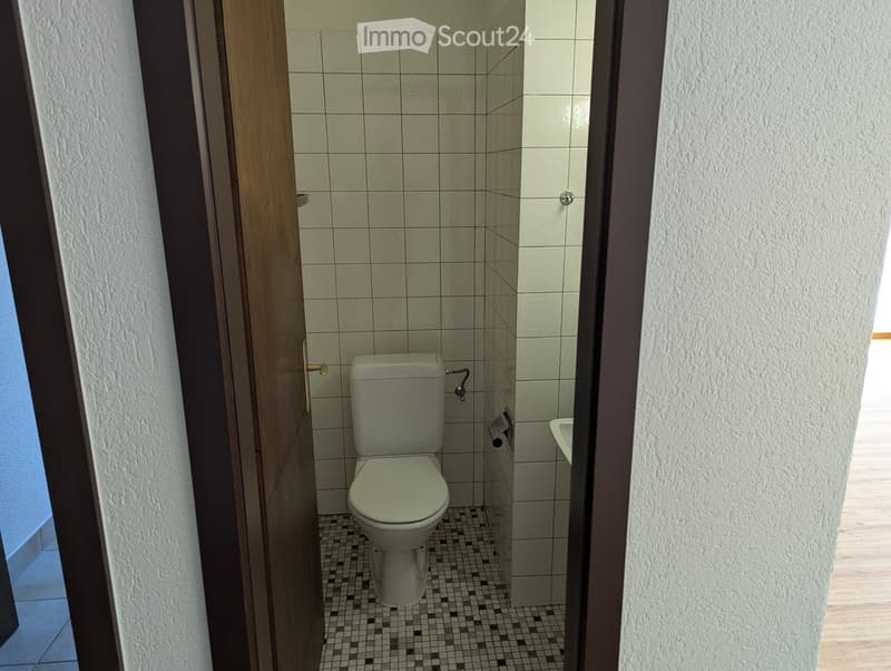 Modern bathroom with a toilet, sink, tiled walls, and a wooden door frame.