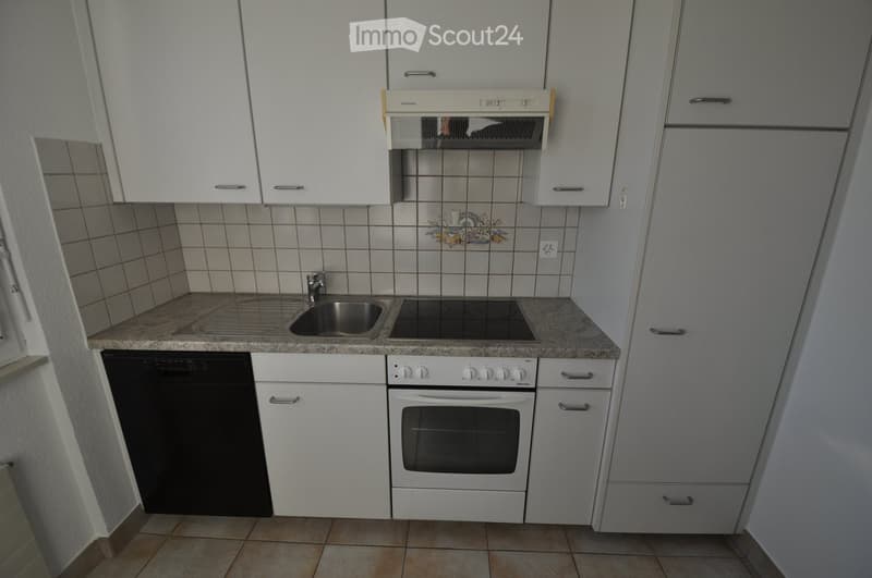Modern kitchen with white cabinets, granite countertop, stainless steel sink, electric stove, oven, and dishwasher.