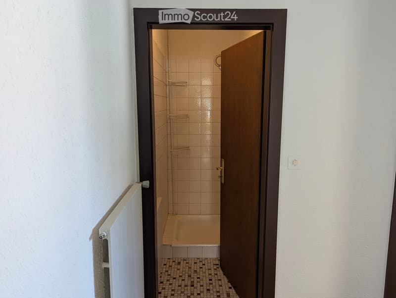 A narrow hallway leads to a small bathroom with a bathtub, tiled walls, and a shower area. The hallway has white walls and a radiator on the left side.